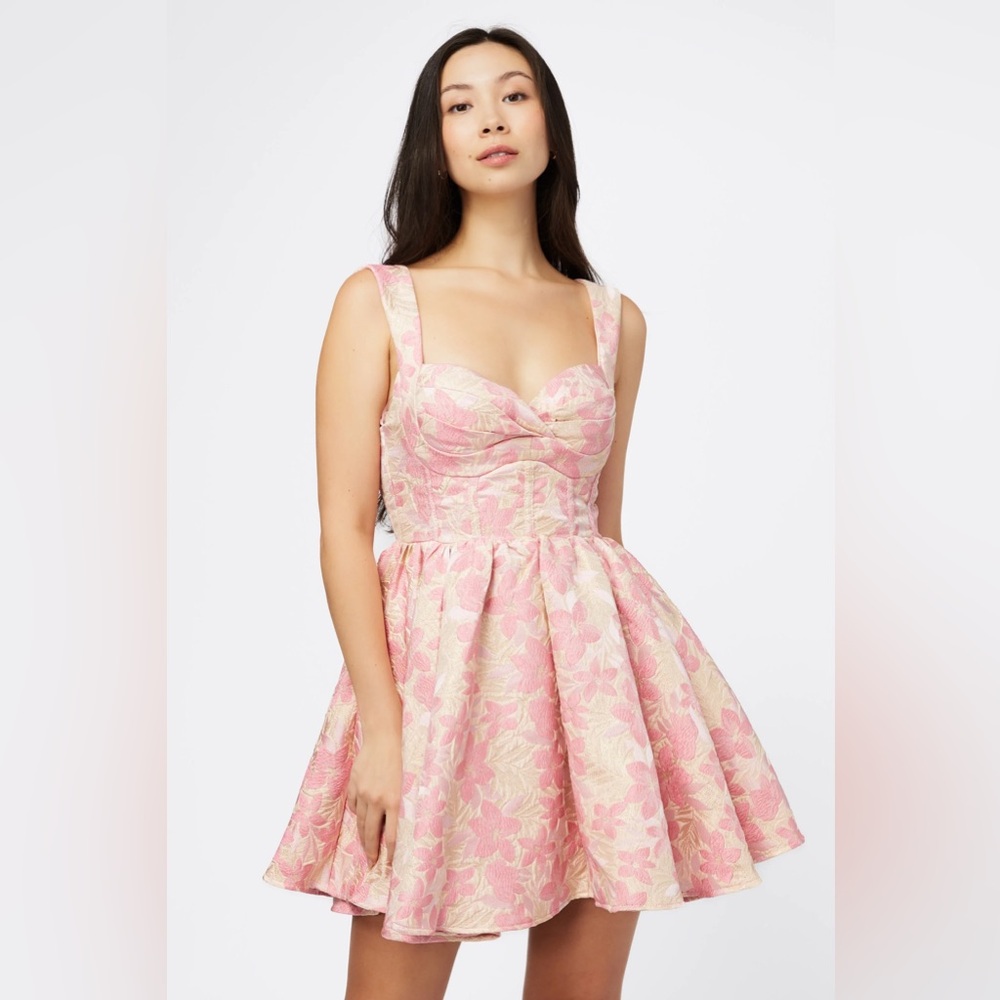 Romantic pink floral jacquard fit and flare mini dress